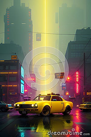A yellow car on a colorful street with flashy lights generated by ai Stock Photo