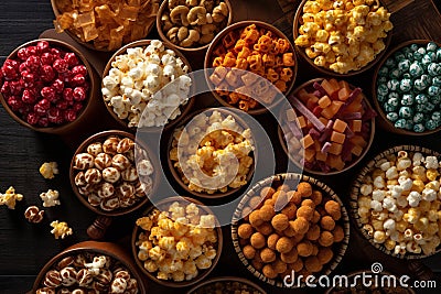 An image showcasing different flavors of popcorn, such as caramel, cheese, and butter, arranged in vibrant and colorful patterns, Stock Photo