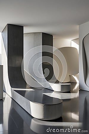 An image showcasing an intricate modern design of curved concrete structures on an empty sleek floor. Stock Photo