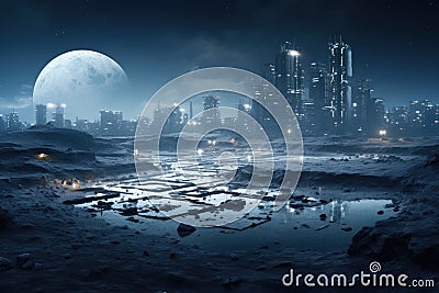 An image showcasing a sprawling city of the future, illuminated by vibrant lights under a massive moon, Lunar surface with a Stock Photo