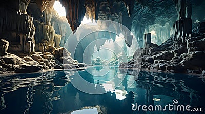 An image showcasing subterranean pools reflecting the cave's intricate formations, creating a captivating Stock Photo