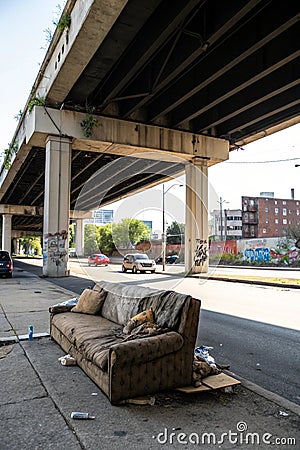 Trashed sofa under overpass, design architecture Stock Photo