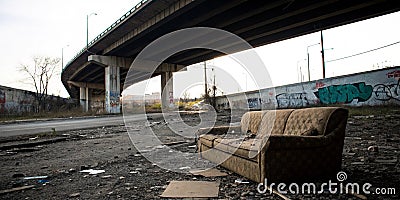 Trashed sofa under overpass, design architecture Stock Photo