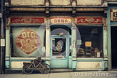 An image showing a bike parked in front of a store, illustrating how cycling and shopping are seamlessly integrated in urban areas Stock Photo