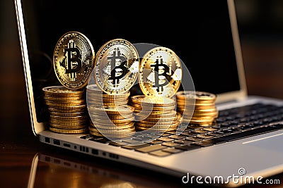 An image showing a bunch of bitcoins sitting on top of a laptop, Gold bitcoin coins, virtual money on a laptop, AI Generated Stock Photo