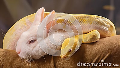 Albino Python Snake Coiling Around Rabbit and Copy Space Stock Photo