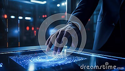 Businessman Uses Holographic Touchscreen to Automate Tasks and Boost Productivity Stock Photo