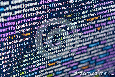 Image shows close-up view of dense computer code, likely written in a programming language with syntax like curly braces Stock Photo