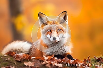 Close-up of a red fox in an autumn forest. Beautiful red fox portrait. Generative AI. Stock Photo