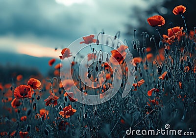 an image shows a field of red poppies Stock Photo