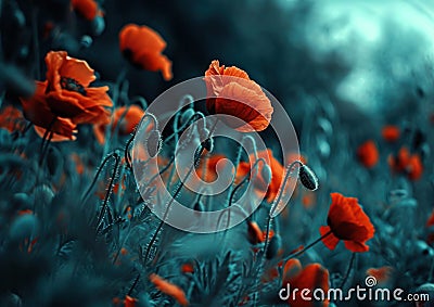 an image shows a field of red poppies Stock Photo