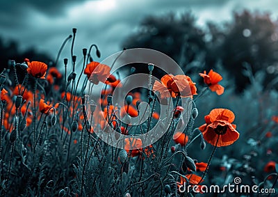 an image shows a field of red poppies Stock Photo