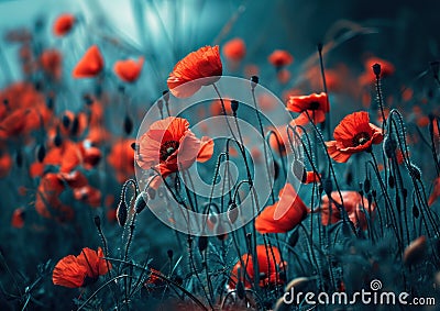 an image shows a field of red poppies Stock Photo