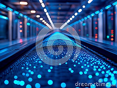 Image shows an illuminated server room with multiple rows of vertical server units, blue LEDs, protective floor grid Stock Photo