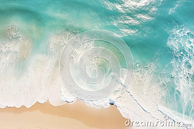 The image shows a large turquoise wave crashing onto a sandy beach generative ai Stock Photo