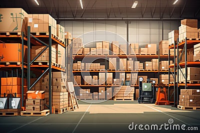 The image shows a logistics warehouse with various items. Neatly arranged on shelves and ready for sale.by Generated AI Stock Photo