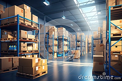 The image shows a logistics warehouse with various items. Neatly arranged on shelves and ready for sale.by Generated AI Stock Photo