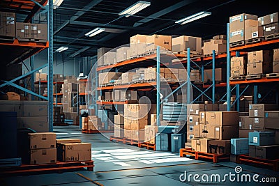 The image shows a logistics warehouse with various items. Neatly arranged on shelves and ready for sale.by Generated AI Stock Photo