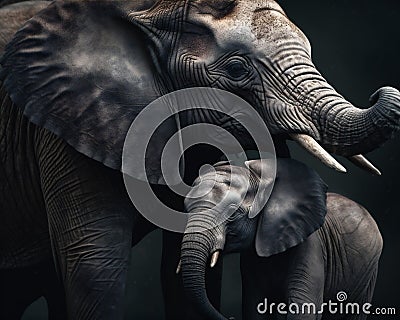 A Bond of Love: An Elephant Mother and Her Baby Calf Stock Photo