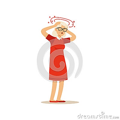 Old Female Character Feeling Vertigo Migraine Headache Colourful vector Toon Cute Illustration Vector Illustration