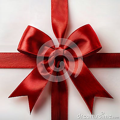 Generative AI a perfectly tied red ribbon bow on a white background. The ribbon creating a symmetrical and elegant appearance. Stock Photo
