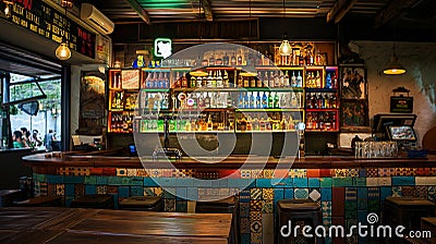 Retro styled bar interior with colorful liquor bottles on the shelves behind the counter Stock Photo