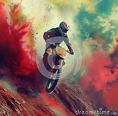 the image shows a rider going down the mountain in front of smoke Stock Photo