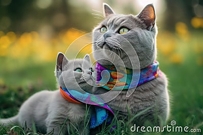 maternal love between two british shorthair cats, a mother and her kitten, who proudly wear lgtbi flags on their necks, Generative Stock Photo