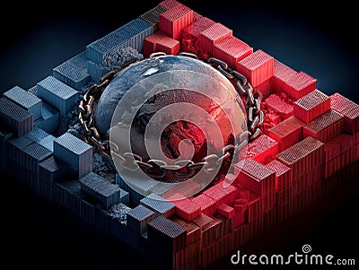 Image shows a stylized Earth within a chain link structure, symbolizing societal constraints like environmental Stock Photo