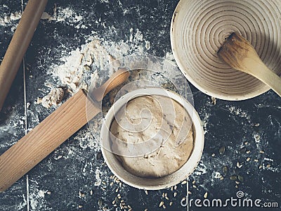 Topview of how to prepare your own homemade sourdough bread Stock Photo