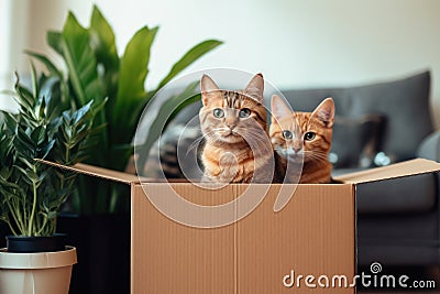The image shows two cats sitting inside of a cardboard box, Ai Generated Stock Photo