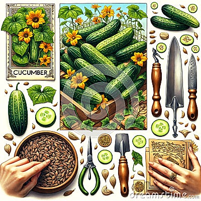 The image shows a variety of cucumbers and gardening tools arranged in a collage. There are also seeds and plants scattered Stock Photo