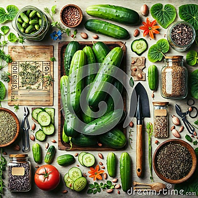 The image shows a variety of cucumbers, tomatoes and gardening tools arranged in a collage on a table. There are also seeds and Stock Photo