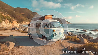 Blue combi van parked next to the ocean Editorial Stock Photo