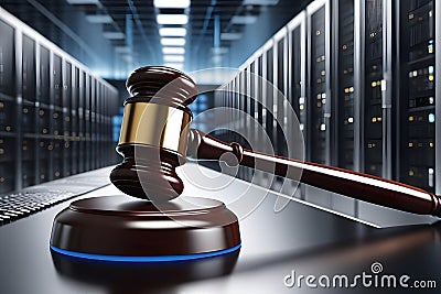 Wooden judge gavel on server rack in data center with blue light reflection Cartoon Illustration