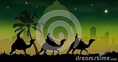 Image of silhouette of three wise men over city on green background Stock Photo