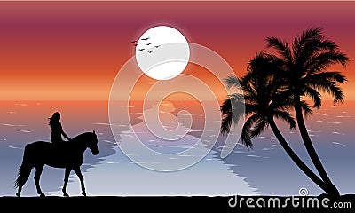 Image silhouette twilight with woman riding a horse on the beach and there is a moon on the sea Cartoon Illustration