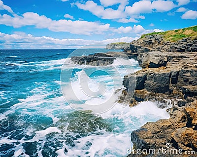 large body of water with a cliff in the distance waves slamming the rocks. Stock Photo