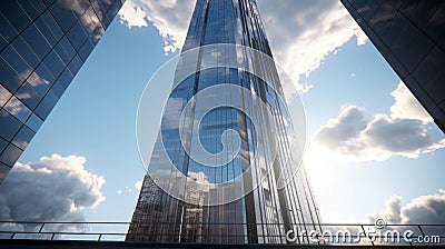 An image of a skyscraper taken at its foot, the mirror coating reflecting a clear sky with clouds Stock Photo
