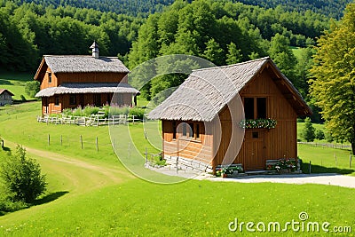 Slovenian wooden hayrack on Visoko made with Generative AI Stock Photo