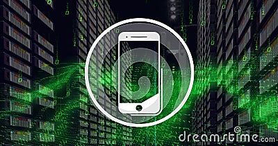 Image of smartphone icon and digital data processing over computer servers Stock Photo