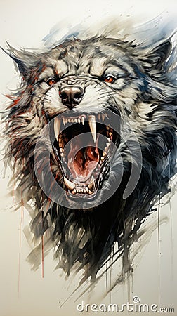 Image of snarling wolf with its mouth open. Generative AI Stock Photo