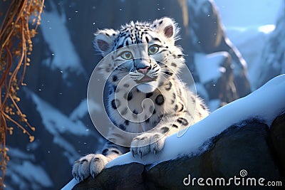 Image of snow leopard running in the mountains wood Stock Photo