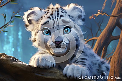 Image of snow leopard running in the mountains wood Stock Photo