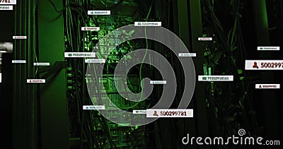 Image of social media data processing and text over green lights of computer servers Stock Photo