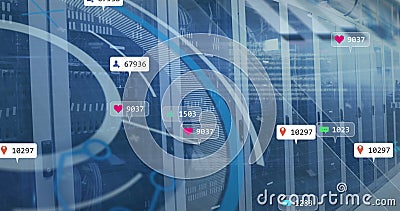 Image of social media icons and numbers on banners over data processing and computer server Stock Photo