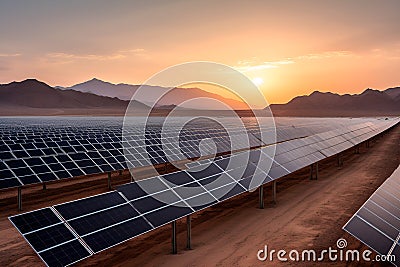 Image of a solar panel farm in the desert, with rows of panels stretching towards the horizon. Stock Photo