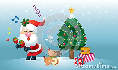 A cute Santa and his reindeer is singing and dancing under the Christmas tree. Stock Photo