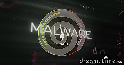 Image of speedometer over malware text and data processing Stock Photo