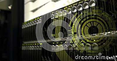 Image of spinning round scanner and data processing against close up of a computer server Stock Photo